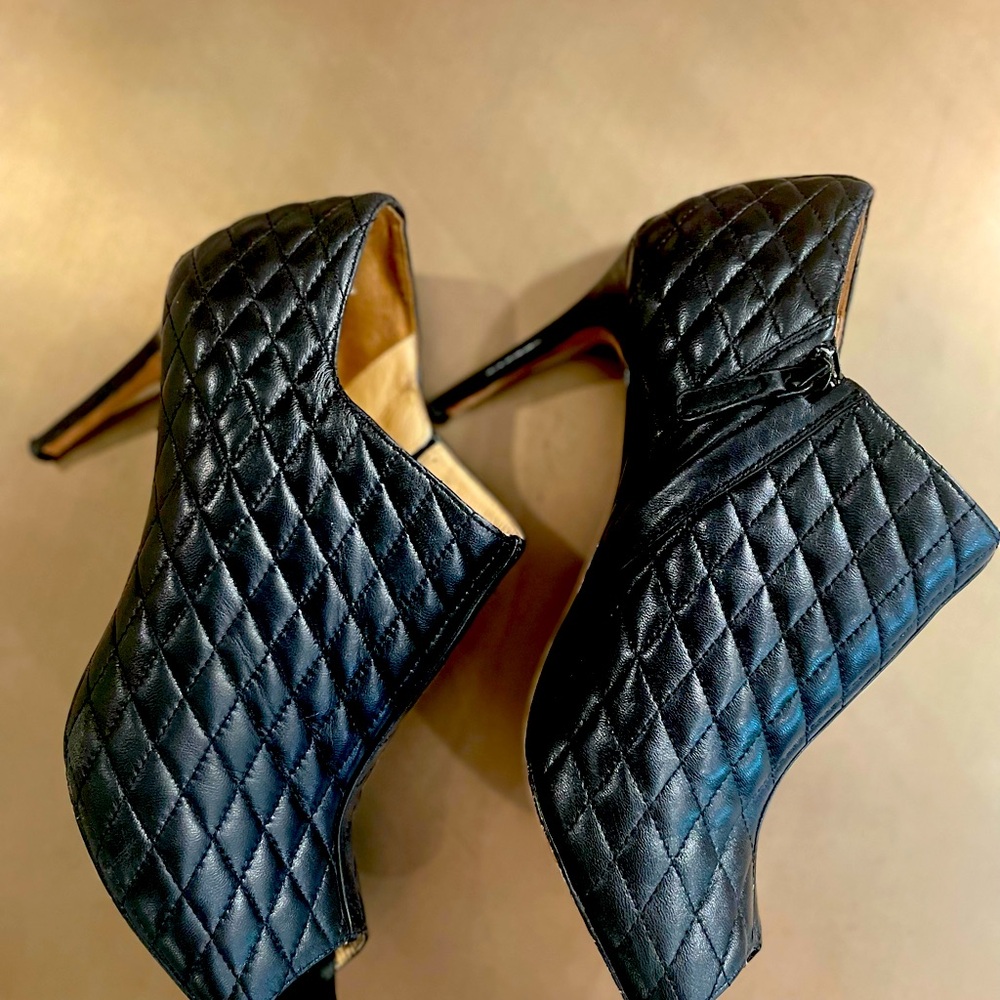 Cole Haan Annabel quilted black booties with open toe. Size 10.